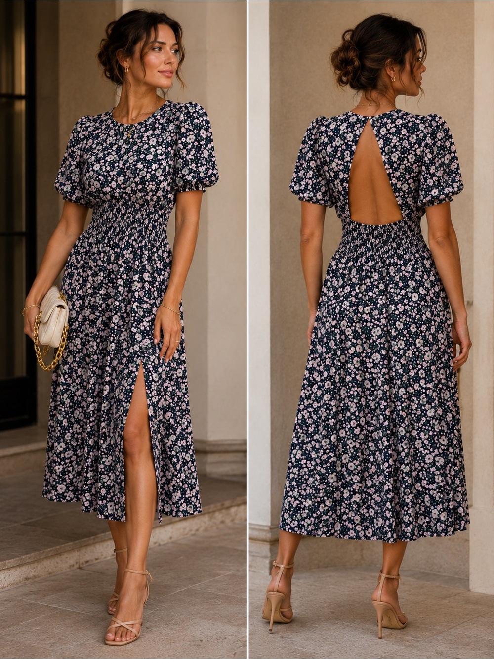 Old Navy Navy Floral Midi Dress with Pink Blooms